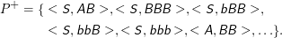 P + = { <  S,AB  >, < S ,BBB  >, < S ,bBB  >,

        <  S,bbB  >, < S,bbb  >, < A,BB  >, ...}.